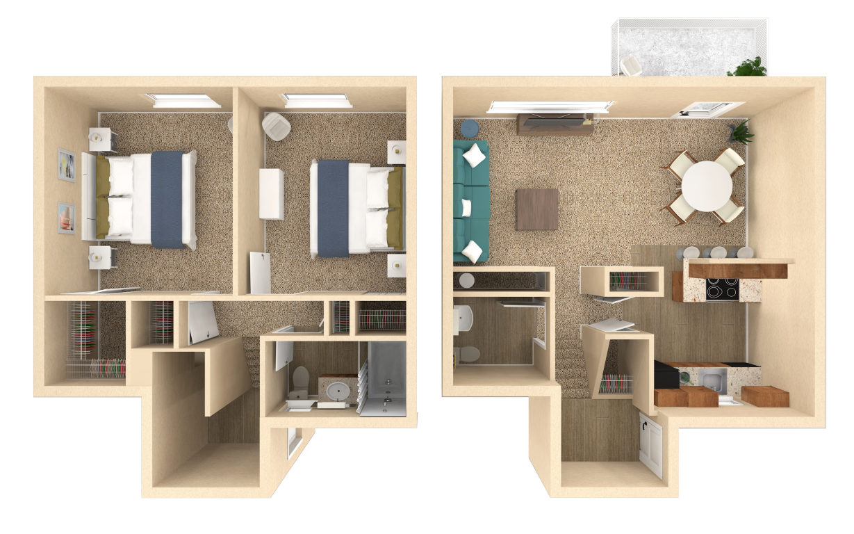 Floor plan for 2 beds, 1.5 baths, 990 sqft